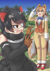 Rule 34 | 2girls, animal ears, arm at side, australian devil (kemono friends), bare shoulders, black hair, blue hair, bow, bowtie, brown eyes, brown hair, center frills, coattails, day, detached sleeves, dingo (kemono friends), dog ears, dog tail, empty eyes, extra ears, eyepatch, formal, frills, fur trim, furrowed brow, gloves, grey hair, hand to forehead, hand up, hands up, hane (kirschbaum), highres, jacket, kemono friends, long hair, long sleeves, looking at another, medical eyepatch, multicolored hair, multiple girls, one eye covered, outdoors, parted bangs, salute, shirt, sidelocks, skirt, standing, suit, suit jacket, tail, tasmanian devil ears, tsurime, two-tone hair, vest, white hair