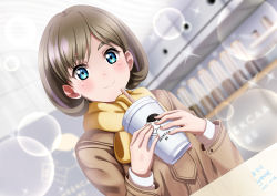 Rule 34 | 1girl, absurdres, beige coat, blue eyes, blush, brown hair, cafe, coat, cup, dated, disposable cup, drinking straw, highres, indoors, light particles, long sleeves, looking at viewer, love live!, love live! superstar!!, nail polish, scarf, short hair, signature, smile, solo, sparkle, tang keke, thick eyebrows, xiaoxin041590, yellow scarf