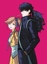 Rule 34 | 1boy, 1girl, absurdres, ace attorney, athena cykes, black coat, black hair, black jacket, black pants, blue eyes, blue necktie, blue ribbon, coat, cropped jacket, feather in mouth, feathers, from side, hair ribbon, hand in pocket, highres, jacket, jewelry, long hair, long sleeves, looking at another, necklace, necktie, open clothes, open jacket, open mouth, orange hair, ottehare, pants, pink background, ponytail, ribbon, shirt, side ponytail, simon blackquill, skirt, teeth, upper teeth only, white shirt, yellow jacket, yellow skirt