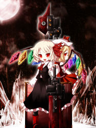 Rule 34 | 2girls, ascot, axe, back-to-back, battle axe, black legwear, blonde hair, cocozasa, fang, female focus, flandre scarlet, full moon, hair ribbon, hat, hat ribbon, highres, huge weapon, long sleeves, looking at viewer, moon, multiple girls, night, open mouth, pantyhose, puffy sleeves, red eyes, ribbon, rumia, shirt, short sleeves, skirt, skirt set, smile, sword, torn ribbon, touhou, vest, weapon, wings