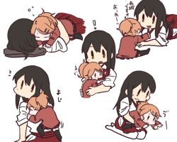 Rule 34 | !, 10s, 2girls, age regression, akagi (kancolle), aquila (kancolle), betchan, brown eyes, brown hair, climbing, eating, closed eyes, hair ornament, hairclip, hug, japanese clothes, kantai collection, long hair, multiple girls, ponytail, skirt, sleeping, thighhighs, white background, aged down
