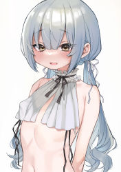 Rule 34 | 1girl, :d, absurdres, bare shoulders, blush, breasts, covered erect nipples, dancho (dancyo), highres, navel, open mouth, original, revealing clothes, silver hair, simple background, small breasts, smile, solo, twintails, white background, yellow eyes