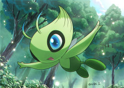 Rule 34 | :d, bad id, bad pixiv id, blue eyes, blue sky, celebi, cloud, cloudy sky, commentary request, creature, creatures (company), day, flying, forest, full body, game freak, gen 2 pokemon, grass, happy, highres, legendary pokemon, mythical pokemon, nature, nintendo, no humans, open arms, open mouth, outdoors, pokemon, pokemon (creature), signature, sky, smile, solo, sunlight, tree, yukari (yukari21653710)