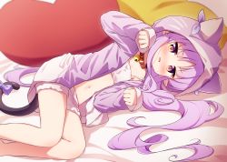 Rule 34 | 1girl, absurdres, animal ears, animal hood, bed sheet, bell, blush, cat ears, cat hood, cat tail, collar, fake animal ears, feet out of frame, hands up, highres, hood, hood up, hooded jacket, jacket, jingle bell, kyoka (princess connect!), long hair, long sleeves, looking at viewer, lying, neck bell, nose blush, on side, open clothes, open jacket, parted lips, paw pose, pillow, pointy ears, princess connect!, purple eyes, purple hair, purple jacket, red collar, setmen, short shorts, shorts, sleeves past wrists, solo, strap slip, sweat, tail, very long hair, wavy mouth, white shorts