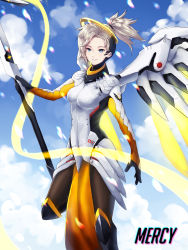 Rule 34 | 1girl, armor, blonde hair, blue eyes, blue sky, bodysuit, breasts, brown pantyhose, character name, chromatic aberration, cloud, cloudy sky, cowboy shot, day, emblem, energy beam, faulds, glowing, glowing wings, greaves, hair tie, halo, high ponytail, highres, holding, holding staff, leg up, light particles, light smile, looking at viewer, mechanical halo, mechanical wings, medium breasts, mercy (overwatch), outdoors, overwatch, overwatch 1, pantyhose, pelvic curtain, sky, solo, spread wings, staff, swiss flag, wings, yellow wings, yoon (jonatham)