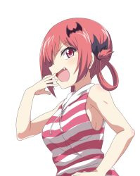 Rule 34 | &gt;:d, 10s, 1girl, :d, armpit peek, bare shoulders, bat hair ornament, breasts, fang, gabriel dropout, hair ornament, hair rings, hand to own mouth, laughing, looking at viewer, looking down, medium breasts, open mouth, red eyes, red hair, satanichia kurumizawa mcdowell, shirt, sideboob, sincos, sleeveless, smile, smug, solo, striped clothes, striped shirt, upper body, v-shaped eyebrows, white background