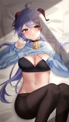Rule 34 | 1girl, absurdres, ahoge, bad id, bad pixiv id, bell, blue hair, blush, bra, breasts, cleavage, clothes lift, educk, ganyu (genshin impact), genshin impact, goat horns, highres, horns, large breasts, long hair, looking at viewer, lying, navel, neck bell, on back, pantyhose, purple eyes, sidelocks, solo, sweat, sweater, sweater lift, underwear