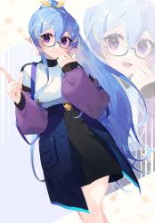 Rule 34 | 1girl, bangs, belt, black-framed eyewear, black belt, black skirt, blue hair, blue skirt, breasts, closed mouth, commentary request, commission, feet out of frame, finger gun, fingernails, glasses, hair between eyes, hand on own cheek, hand on own face, hands up, highres, indie virtual youtuber, long fingernails, long hair, long sleeves, looking at viewer, medium breasts, open mouth, outline, pointy ears, ponytail, puffy long sleeves, puffy sleeves, purple eyes, purple sleeves, rae laveire, shirt, sidelocks, skirt, smile, solo, suspender skirt, suspenders, very long hair, virtual youtuber, white outline, white shirt, zoom layer, zumi (neronero126)