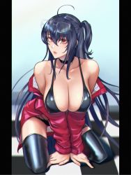 Rule 34 | 1girl, absurdres, ahoge, azur lane, bikini, black bikini, black choker, black hair, black thighhighs, blue background, breasts, checkered floor, choker, cleavage, closed mouth, collarbone, commentary, covered erect nipples, expressionless, eyelashes, eyewear on head, full body, glasses, gradient background, hair between eyes, half updo, highres, hihizaru badass, jacket, kneeling, large breasts, lips, long hair, looking at viewer, off shoulder, official alternate costume, pillarboxed, race queen, red eyes, red jacket, side ponytail, simple background, solo, swimsuit, taihou (azur lane), taihou (enraptured companion) (azur lane), thighhighs, thighs