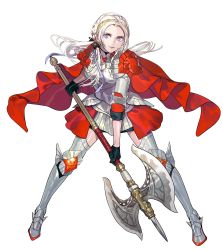 Rule 34 | 1girl, alternate hairstyle, armor, axe, breastplate, cape, edelgard von hresvelg, fire emblem, fire emblem: three houses, fire emblem warriors, fire emblem warriors: three hopes, full body, gloves, hair ornament, highres, holding, holding axe, holding weapon, kurahana chinatsu, long hair, looking at viewer, nintendo, official alternate costume, official alternate hairstyle, official art, purple eyes, red cape, simple background, solo, thighs, third-party source, weapon, white background, white hair