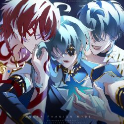 3boys anaxa_(honkai:_star_rail) arm_tattoo body_markings braid chest_tattoo choker collared_jacket collared_shirt deeznut19205268 highres honkai:_star_rail honkai_(series) jacket lipstick lipstick_mark low_ponytail makeup male_focus multiple_boys mydei_(honkai:_star_rail) neck_tattoo no_eyes phainon_(honkai:_star_rail) ponytail red_tattoo shirt short_hair smeared_lipstick smelling smelling_hair tattoo topless_male watermark yaoi