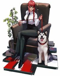 Rule 34 | 1girl, animal collar, armchair, black footwear, black necktie, black pants, blood, book, braid, braided ponytail, breasts, chainsaw man, chair, checkered floor, closed mouth, collar, crossed legs, dog, floor, full body, highres, holding, holding leash, leash, light smile, long hair, long sleeves, looking at viewer, makima (chainsaw man), medium breasts, necktie, pants, red collar, red hair, shinoda giri, shirt, shoes, sitting, solo, twitter username, white background, white shirt, yellow eyes