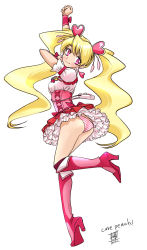 Rule 34 | 00s, 1girl, arms up, ass, blonde hair, boots, bow, corset, cure peach, earrings, fresh precure!, full body, hair ornament, hairpin, heart, heart hair ornament, high heels, jewelry, knee boots, long hair, magical girl, momozono love, panties, pantyshot, pink bow, pink eyes, pink footwear, precure, ribbon, shoes, simple background, skirt, smile, solo, standing, striped clothes, striped panties, teruchan, twintails, underwear, upskirt, wrist cuffs