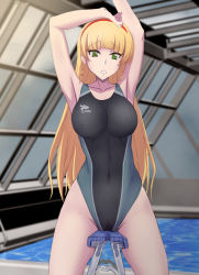 Rule 34 | 1girl, armpits, arms up, black one-piece swimsuit, blonde hair, blunt bangs, breasts, commentary request, competition swimsuit, covered navel, cowboy shot, green eyes, hairband, heanna sumire, large breasts, logo, looking down, love live!, love live! superstar!!, one-piece swimsuit, presenting armpit, red hairband, rei no pool, solo, swimsuit, tap (honobono tarou x), wooden horse