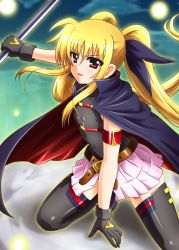 Rule 34 | 1girl, bardiche (nanoha), blonde hair, diesel-turbo, fate testarossa, fate testarossa (movie 1st form), gloves, long hair, lyrical nanoha, red eyes, solo, thighhighs, twintails