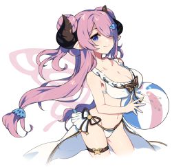 Rule 34 | alternate costume, alternate hairstyle, ball, beachball, bikini, blue eyes, breasts, bug, butterfly, conch, draph, frilled bikini, frills, front-tie bikini top, front-tie top, granblue fantasy, hair over one eye, insect, large breasts, long hair, low-tied long hair, narmaya (granblue fantasy), narmaya (summer) (granblue fantasy), pointy ears, purple eyes, ribbon, sharlorc, showgirl skirt, side-tie bikini bottom, smile, solo, swimsuit, twintails, white background, white bikini