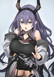 Rule 34 | 1girl, absurdres, arknights, bare shoulders, black horns, black shirt, black shorts, blue hair, breasts, brown eyes, cleavage, cleavage cutout, clothing cutout, commentary, double-parted bangs, fake horns, fang, ganesagi, hair between eyes, hand on own hip, highres, horns, jacket, large breasts, long hair, looking ahead, off shoulder, open mouth, pointing, pointing at viewer, shirt, shorts, simple background, skin fang, sleeveless, sleeveless shirt, solo, symbol-only commentary, typhon (arknights), upper body, v-shaped eyebrows, white background, white jacket