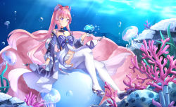 Rule 34 | 1girl, air bubble, blush, bubble, chahei, clam, closed mouth, commentary, coral, day, detached sleeves, gem, genshin impact, gloves, half gloves, highres, jellyfish, long hair, long sleeves, looking at viewer, outdoors, pearl (gemstone), pink hair, purple eyes, purple footwear, purple sleeves, sandals, sangonomiya kokomi, shoe soles, short shorts, shorts, smile, solo, symbol-only commentary, thighhighs, underwater, very long hair, water, white gloves, white shorts, white thighhighs, wide sleeves, zouri