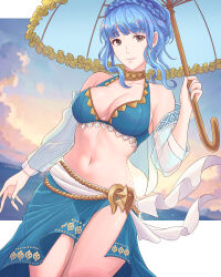 Rule 34 | 1girl, absurdres, bikini, blue bikini, blue hair, blue nails, blue sarong, braid, breasts, brown eyes, cleavage, closed mouth, cloud, commentary, cowboy shot, crown braid, detached sleeves, duplicate, fire emblem, fire emblem: three houses, fire emblem heroes, highres, holding, holding umbrella, large breasts, light smile, looking at viewer, marianne von edmund, navel, nintendo, ocean, parasol, sarong, see-through, see-through sleeves, sky, solo, stomach, swimsuit, truejekart, umbrella