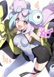 Rule 34 | 1girl, blue hair, bow-shaped hair, breasts, character hair ornament, covered navel, creatures (company), game freak, hair ornament, halcon, hexagon print, highres, iono (pokemon), jacket, long hair, looking at viewer, low-tied long hair, medium breasts, multicolored hair, nintendo, oversized clothes, pantyhose, pink eyes, pink hair, pokemon, pokemon sv, sharp teeth, simple background, sleeves past fingers, sleeves past wrists, standing, teeth, twintails, two-tone hair, very long hair, very long sleeves, white background, yellow jacket