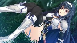 Rule 34 | 1girl, :o, aikawa tatsuki, black hair, blush, boots, breasts, cameltoe, cape, cleavage, day, eyebrows hidden by hair, female focus, forest, game cg, grass, groin, knees together feet apart, legs, long hair, looking at viewer, medium breasts, nature, open mouth, orange eyes, outdoors, panties, pantyshot, rize mknest, ryuukishi bloody saga, sitting, skirt, solo, thighhighs, thighs, tree, underwear, upskirt, zettai ryouiki