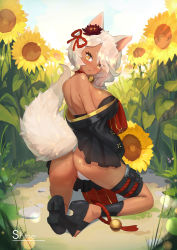 Rule 34 | 1girl, absurdres, animal ears, artist name, ass, bare shoulders, bell, black kimono, blush, breasts, bright pupils, commission, dark-skinned female, dark skin, female focus, flower, fox ears, fox girl, fox tail, from behind, hair flower, hair ornament, hair over shoulder, highres, japanese clothes, kimono, kneeling, large breasts, lifted by tail, looking back, medium hair, off shoulder, original, panties, partially visible vulva, platform clogs, platinum blonde hair, sandals, shine skbook, short eyebrows, sideboob, solo, sunflower, tail, thigh strap, underwear, white panties, yellow eyes