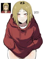 Rule 34 | 1girl, absurdres, blonde hair, blush, chainsaw man, character name, hands in pockets, highres, hood, hoodie, kurenaiz (kuayrenaiz), looking to the side, multicolored hair, red hoodie, roots (hair), sawatari akane (chainsaw man), short hair, simple background, slit, solo, sweat, thick thighs, thighs, twitter username, white background