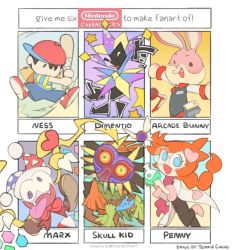 Rule 34 | arcade bunny, backpack, bag, baseball bat, baseball cap, character name, company connection, dimentio, fangs, glasses, hat, highres, instrument, jester, jester cap, kirby (series), kirby super star, lab coat, majora (entity), mario (series), marx (kirby), mask, mother (game), mother 2, multiple drawing challenge, ness (mother 2), nintendo, nintendo badge arcade, no arms, ocarina, open mouth, orange hair, paper mario, penny crygor, purple eyes, shirt, shorts, six fanarts challenge, skull kid, striped clothes, striped shirt, super paper mario, temmie chang, the legend of zelda, the legend of zelda: majora&#039;s mask, tongue, tongue out, warioware, wings
