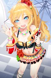 Rule 34 | 1girl, blonde hair, blue eyes, blush, breasts, brws, cleavage, collarbone, commentary request, hair ornament, highres, holding, holding umbrella, idolmaster, idolmaster cinderella girls, idolmaster cinderella girls starlight stage, jewelry, large breasts, long hair, looking at viewer, nail polish, navel, necklace, ohtsuki yui, open mouth, pink nails, ponytail, skirt, smile, solo, umbrella, wavy hair