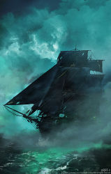 Rule 34 | artist name, cloud, cloudy sky, commentary, fog, ghost ship, highres, no humans, ocean, original, phil c, pirate ship, sail, scenery, ship, skull and crossbones, sky, thunder, torn, torn sail, water, watercraft, watermark, web address