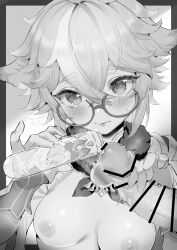 Rule 34 | 1boy, 1girl, animal ears, bar censor, blush, breasts, censored, closed mouth, cum, cum in container, ejaculation, erection, flask, fur collar, genshin impact, glasses, gloves, greyscale, hair between eyes, hetero, highres, holding, holding flask, looking at viewer, medium breasts, monochrome, multicolored hair, nipples, penis, round eyewear, semi-rimless eyewear, solo focus, streaked hair, sucrose (genshin impact), sukoyaka93, test tube, vision (genshin impact)