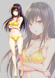 Rule 34 | 1girl, annoyed, bikini, blush, breasts, brown eyes, brown hair, cleavage, commentary request, grey background, highres, kotegawa yui, large breasts, long hair, looking at viewer, navel, official art, solo, standing, swimsuit, to love-ru, tsundere, yabuki kentarou, yellow bikini, zoom layer