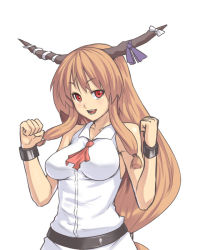 Rule 34 | 1girl, aged up, alternate breast size, bare shoulders, breasts, clenched hands, cuffs, female focus, horns, houtengeki, ibuki suika, impossible clothes, impossible shirt, large breasts, long hair, orange hair, red eyes, shirt, simple background, smile, solo, touhou, upper body