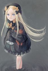 Rule 34 | 1girl, abigail williams (fate), artist request, black bow, black dress, black headwear, blonde hair, bloomers, blue eyes, blush, bow, breasts, closed mouth, dress, fate/grand order, fate (series), female focus, forehead, grey background, hair bow, highres, holding, holding stuffed toy, long hair, looking at viewer, multiple hair bows, orange bow, parted bangs, ribbed dress, sleeves past fingers, sleeves past wrists, small breasts, smile, solo, stuffed animal, stuffed toy, teddy bear, underwear, wading, water, white bloomers