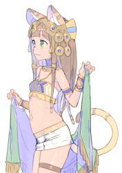 Rule 34 | 1girl, :3, animal ear fluff, animal ears, bandeau, bare shoulders, bastet (p&amp;d), blunt bangs, bracer, brown hair, cat ears, cat tail, cowboy shot, dark-skinned female, dark skin, egyptian, egyptian clothes, enkyo yuuichirou, fang, from side, green eyes, hair ornament, headpiece, holding, jewelry, legband, long hair, lots of jewelry, midriff, navel, necklace, puzzle &amp; dragons, simple background, skirt, smile, solo, tail, tan, tiara, white background, white skirt