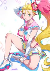 1girl, alternate breast size, artist name, blonde hair, breasts, choker, collarbone, commentary request, cure summer, fingerless gloves, flower, gloves, green eyes, hair flower, hair ornament, highres, joy ride, large breasts, legs, long hair, magical girl, natsuumi manatsu, pink sailor collar, ponytail, precure, sailor collar, sitting, skirt, solo, tropical-rouge! precure, very long hair, white choker, white gloves, white skirt