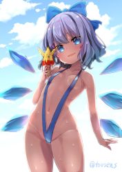 Rule 34 | 1girl, blue bow, blue eyes, blue hair, blue one-piece swimsuit, blue slingshot swimsuit, blush, bow, breasts, cirno, cloud, cowboy shot, food, hair bow, highres, ice, ice cream, ice wings, melting, navel, one-piece swimsuit, outdoors, parted lips, short hair, sky, slingshot swimsuit, small breasts, smile, solo, sweat, swimsuit, tan, touhou, tousen, wings