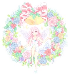 Rule 34 | 1girl, bad id, bad pixiv id, bare shoulders, bell, dress, flower, highres, holly, legs, long hair, mistletoe, miy, original, pink eyes, pink hair, shoes, simple background, sitting, smile, solo, white background, wings
