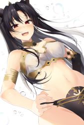 Rule 34 | 1girl, armlet, asymmetrical sleeves, bare shoulders, black bow, black hair, blush, bow, breasts, detached collar, earrings, fate/grand order, fate (series), hair bow, highres, hoop earrings, ishtar (fate), jewelry, long hair, looking at viewer, medium breasts, neck ring, nene (umrhaishixiaomai), open mouth, red eyes, simple background, smile, solo, tiara, two side up, uneven sleeves, white background