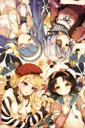 Rule 34 | 4girls, alternate costume, beret, black hair, blonde hair, blue eyes, blue hair, blush, bow, bracelet, cherrypin, cinia pacifica, closed eyes, contemporary, dress shirt, drinking straw, eyepatch, female focus, hair bow, hair ribbon, hat, holding, impossible clothes, iri flina, jewelry, juice box, leaf, long hair, looking at viewer, lowres, luthica preventer, lying, maple leaf, mouth hold, multiple girls, necklace, on back, on side, open mouth, parted bangs, pink eyes, ribbon, shirt, short hair, short hair with long locks, silver hair, sita vilosa, sleeves past wrists, sleeves rolled up, smile, striped, sweater, sword girls, twintails, very long hair, yellow eyes