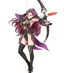 Rule 34 | 1girl, animal ears, armpits, arrow (projectile), black gloves, black leotard, black thighhighs, boots, bow (weapon), breasts, cleavage, coattails, covered navel, earrings, egg, elbow gloves, fake animal ears, female focus, fire emblem, fire emblem heroes, flower, full body, gloves, hair ornament, high heel boots, high heels, highleg, highleg leotard, highres, holding, holding bow (weapon), holding weapon, jewelry, kusakihara toshiyuki, large breasts, leotard, lips, lipstick, loki (fire emblem), long hair, makeup, matching hair/eyes, nintendo, official art, parted bangs, petals, playboy bunny, purple eyes, purple hair, rabbit ears, rabbit tail, sleeveless, smile, solo, standing, tail, thigh boots, thighhighs, transparent background, weapon