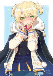 Rule 34 | 1girl, argyle, argyle clothes, argyle legwear, asymmetrical hair, blonde hair, blue background, blue pantyhose, blush, box, braid, cardigan, commentary request, cowboy shot, dated, embarrassed, eyebrows hidden by hair, french braid, fujii jun, gift, gift box, girls&#039; frontline, green eyes, heart-shaped box, holding, holding gift, hooded cardigan, official alternate costume, open cardigan, open clothes, pantyhose, parted lips, solo, sweatdrop, two-tone background, valentine, welrod mkii (english in love) (girls&#039; frontline), welrod mkii (girls&#039; frontline), white background