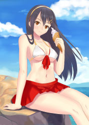 Rule 34 | 10s, bare shoulders, black hair, breasts, brown eyes, cleavage, cloud, cloudy sky, commentary request, day, eyebrows, food, hair ornament, hairclip, haruna (kancolle), highres, ice cream, ice cream cone, kantai collection, light smile, long hair, looking at viewer, medium breasts, miniskirt, navel, ocean, skirt, sky, skyrail, solo