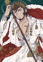 Rule 34 | 1boy, alternate costume, bad id, bad twitter id, blue eyes, brown hair, cross scar, facial hair, fate/grand order, fate (series), goatee, historical connection, historical event, holding, holding staff, laurel crown, long sideburns, looking at viewer, male focus, napoleon bonaparte (fate), partially unbuttoned, pectoral cleavage, pectorals, scar, scar on chest, shitappa, short hair, sideburns, solo, staff, unfinished
