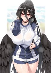 Rule 34 | 1girl, black hair, black wings, blue archive, blue jacket, blue shorts, blush, breasts, choker, clipboard, collarbone, feathered wings, hair between eyes, halo, hasumi (blue archive), hasumi (track) (blue archive), high ponytail, highres, huge breasts, jacket, long hair, long sleeves, looking at viewer, low wings, mole, mole under eye, open mouth, red eyes, shirt, short shorts, shorts, shunichi, solo, thighs, very long hair, white shirt, wings