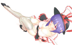 Rule 34 | 1girl, bad id, bad pixiv id, black footwear, blue eyes, blush, breasts, cleavage, clothes pull, collarbone, from above, garter straps, hat, hat ribbon, high heels, highleg, highleg panties, long sleeves, looking at viewer, nagae iku, non (z-art), panties, parted lips, red eyes, ribbon, shirt pull, simple background, solo, thighhighs, touhou, underwear, white background, white panties