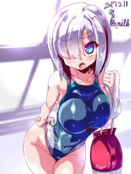 Rule 34 | 10s, 1girl, 2017, bag, blue eyes, blue one-piece swimsuit, competition swimsuit, dated, hair ornament, hair over one eye, hairclip, hamakaze (kancolle), kantai collection, leaning forward, miuku (marine sapphire), one-piece swimsuit, rei no pool, short hair, signature, silver hair, solo, swimsuit, towel, twitter username