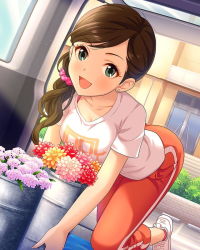 Rule 34 | 10s, 1girl, artist request, brown hair, card (medium), collarbone, earrings, etou misaki (idolmaster), eyelashes, flower, green eyes, holding, idolmaster, idolmaster cinderella girls, jewelry, looking at viewer, low ponytail, official art, open mouth, pants, plant, shirt, smile, solo, sweat, t-shirt, track pants