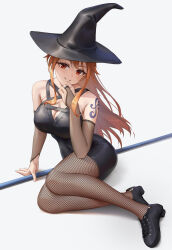 Rule 34 | 1girl, alternate costume, arm tattoo, bare shoulders, black dress, breasts, bridal gauntlets, cleavage, commentary, commission, dress, english commentary, fishnet pantyhose, fishnets, full body, grin, hand up, hat, highres, large breasts, long hair, looking at viewer, nami (one piece), one piece, orange hair, pantyhose, parted lips, red eyes, shoes, simple background, sitting, smile, solo, staff, stormstx, tattoo, tight clothes, tight dress, white background, witch, witch hat