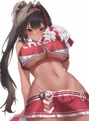 Rule 34 | 1girl, absurdres, ahoge, bay (nikke), blush, breasts, brown eyes, brown hair, cheerleader, clenched teeth, crop top, dark-skinned female, dark skin, goddess of victory: nikke, hair intakes, hairband, highres, large breasts, long hair, mole, mole on stomach, mole under mouth, multicolored hair, navel, pom pom (cheerleading), ponytail, red hair, red shirt, red skirt, shirt, simple background, skirt, solo, streaked hair, tan, tanline, teeth, underboob, white background, yuseol
